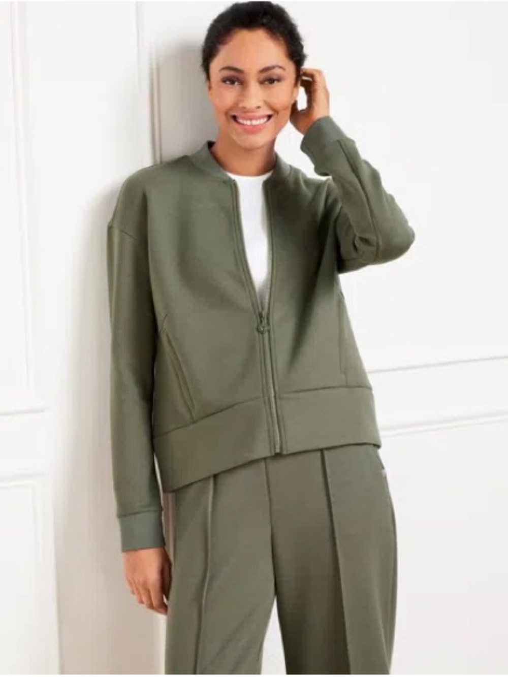 Talbots Olive Green Airknit Stretch Zip Bomber Jacket